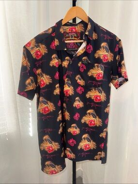 Tropical Print Short-Sleeve Button-Down Shirt - Black with Red & Gold Accents